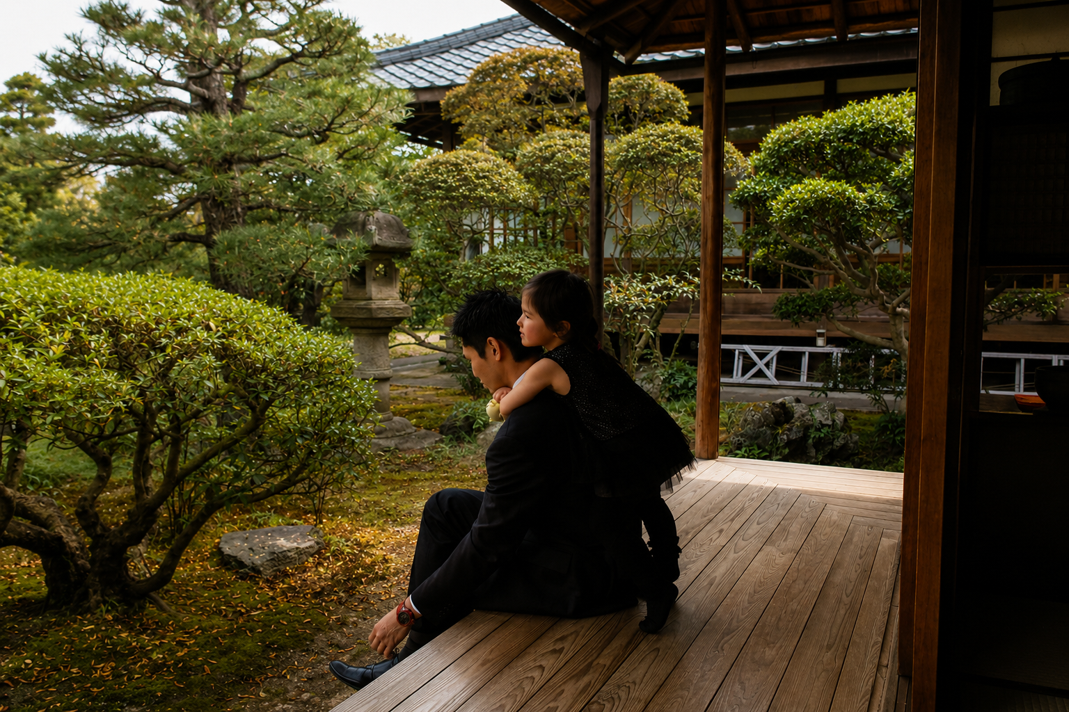 Tradiční dřevěná engawa v buddhistickém chrámu v Japonsku – inspirační fotografie