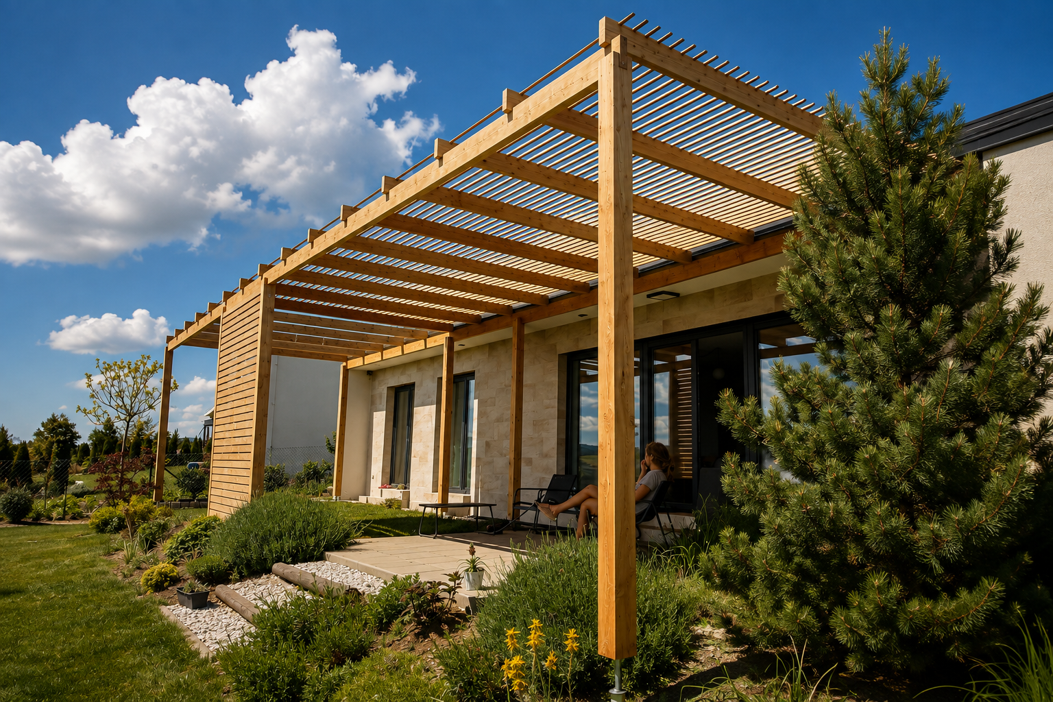 Modřínová pergola na míru v zahradě – realizace Takeakari, Hýskov